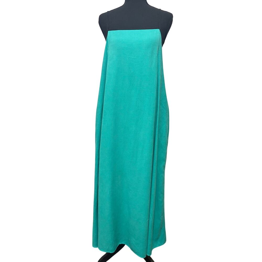 Shy Velvet Linen Blend Maxi Dress Green Black Trim Tie Back Pockets Size S